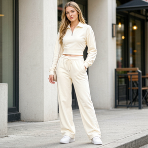 Custom 2 Piece Women's Half Zip Collar Long Sleeve Crop <b>Top</b> Wide Leg <b>Trousers</b> Casual Streetwear sport wear <b>Set</b> - Product Image 3