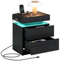 Table de chevet en bois noir OEM avec deux tiroirs, station de charge sans fil, ports USB, lumière LED et étagère ouverte