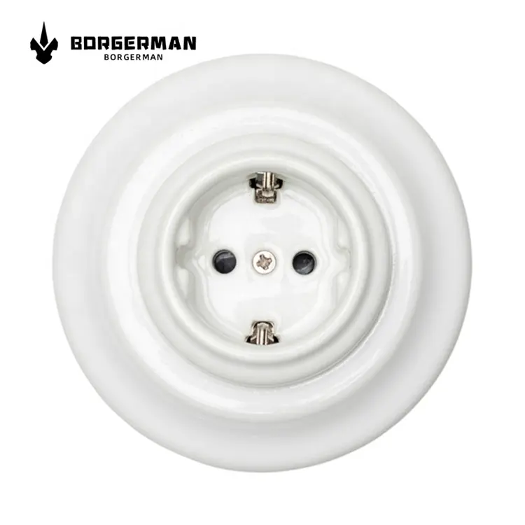 Borgerman venta al por mayor montaje al ras enchufe de cerámica eléctrico Europa Schuko enchufe de pared Vintage para el hogar enchufe de pared de porcelana