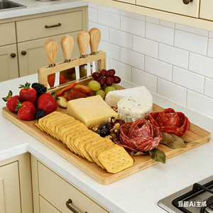 <span class=keywords><strong>Planche</strong></span> à <span class=keywords><strong>fromage</strong></span> en bambou pour comptoir de cuisine avec 4 couteaux, design élégant et pratique, idéale pour les dîners et les événements, facile à nettoyer - Product Image 1