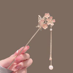 Horquillas de metal con borlas de flores de esmalte de perla china, adorno para el cabello estilo Hanfu para mujer - Product Image 3