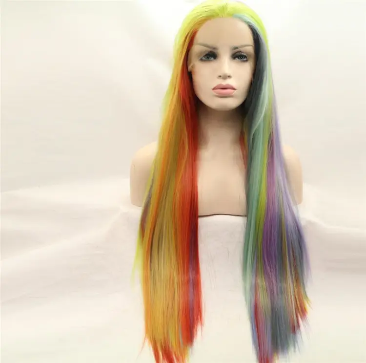 Mixed Color Rainbow Colorful Long Straight Lace Front Wigs Synthetic Heat Resistant Fiber Wigs Summer Cosplay Makeup For Women