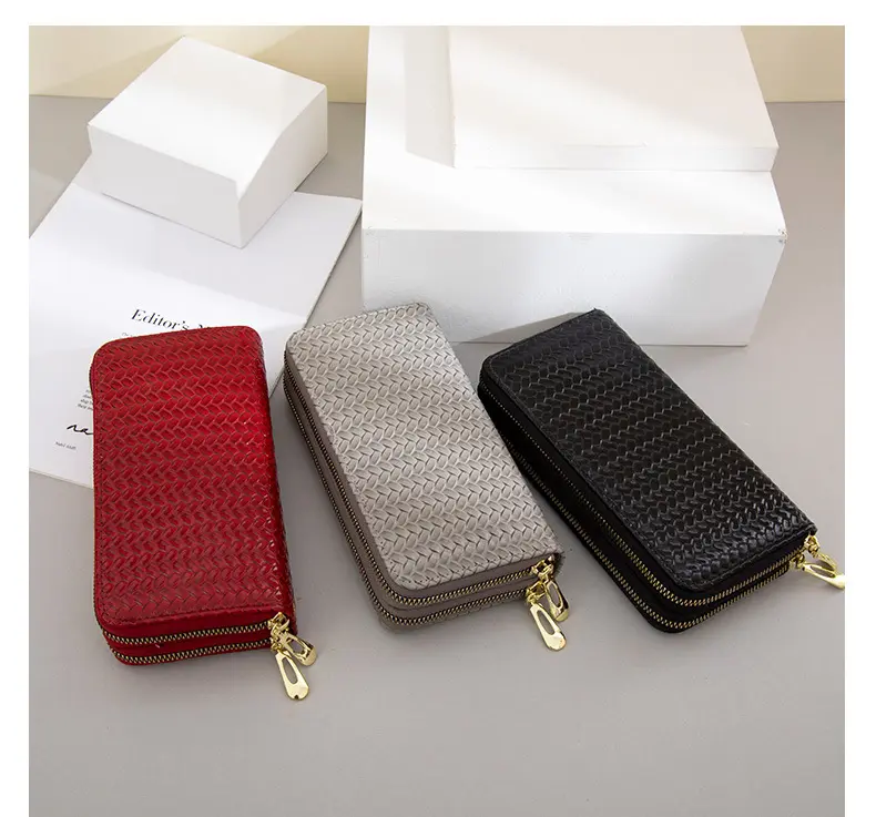 Wholesale Multi-Card Woven Clutch Large Capacity Wristband Women's Leather Long Wallet Double Zip