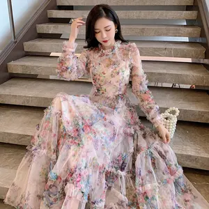 Vestidos High Quality Women Long Dress 2022 Spring Summer Wedding Party Ladies Charming Floral Print Long Sleeve Maxi Dress Gown