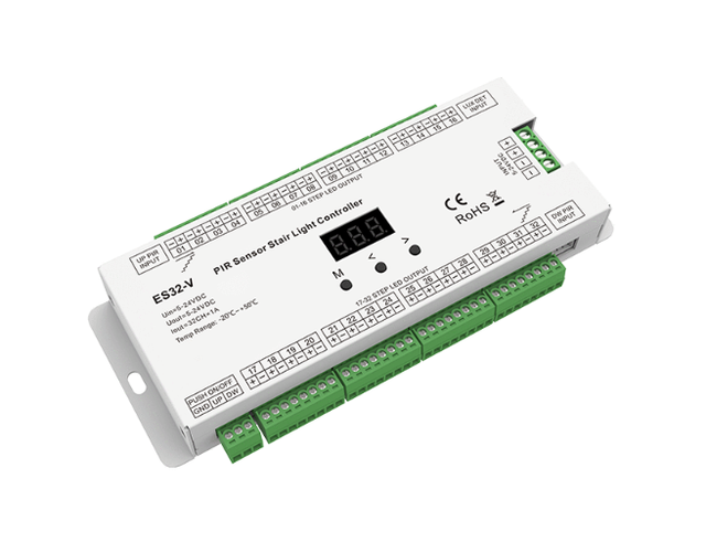 5-24VDC 1A 32 Channels Constant Voltage DMX Dimmer Dual PIR Sensor Stair Light Controller for LED Strip ES32-V 5-Year Warranty