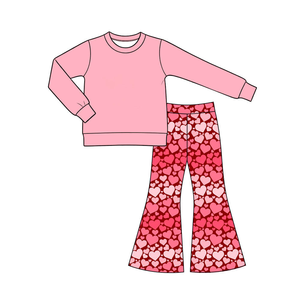 Conjunto popular de dos piezas para niña pequeña de San Valentín, top liso de manga larga y pantalones acampanados con corazones - Product Image 5