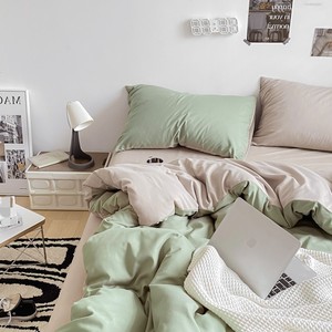 Juego de cama de algodón lavado al por mayor de Color puro, juego de cuatro piezas, Sábana cepillada a cuadros de estilo japonés, funda de edredón de tres piezas - Product Image 6