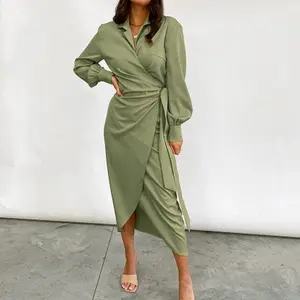 ZC00087 2021 Spring High-waisted French Slim Wrap Sexy V-neck Split Long Elegant Green Women Maxi Dress