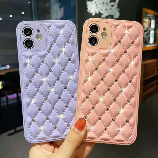 Luxury Fashion New TPU Rhombus 3D Bling Rhinestone Diamond Shockproof Wireless Charging Back Cover Phone Case for 14 13
