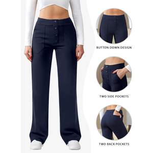 กางเกงผ้าแคนวาสสำหรับผู้หญิง, กางเกงเอวสูงขายาวลำลองมีกระเป๋าสำหรับใส่ทำงาน - Product Image 2