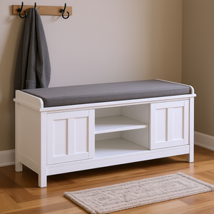 Banc de rangement à roulettes blanc réglable pour chaussures, avec coussin rembourré, pour entrée, couloir ou salon – Modèle de meuble - Product Image 2