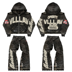 Fabricante OEM, Ropa Urbana Personalizada, Sudadera con Capucha Extra Grande con Pedrería, Pantalones Vintage Desgastados Transpirables para Invierno, para Hombre - Product Image 2