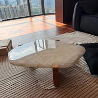 Table basse moderne de luxe en onyx blanc jade glacé, table d'appoint en marbre naturel avec base en bois pour salon et chambre