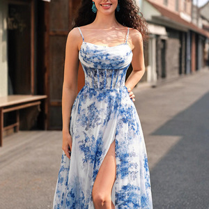 Vestido de Noche con Estampado Floral TEN, Cintura Imperio, Sin Tirantes, Capa Transparente, Vestido Largo con Vuelo Completo - Product Image 3