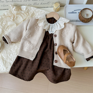 Tongxingyuan Girls' Knit Cardigan And Floral Dress Set Cotton Woolen Two Piece Spring Autumn Outfit - Product Image 4