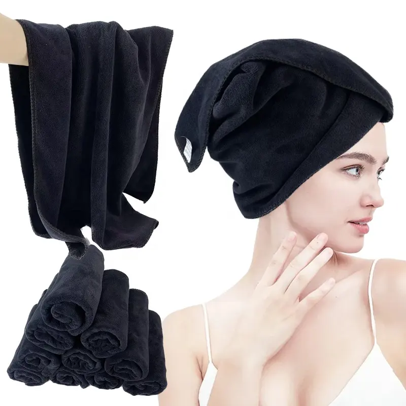 Black color Towel Gym Beauty Hair Spa Home Hair Care 100 microfiber Thick Custom Logo Dry hair Towel for Salon