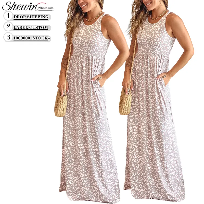 2023 New Arrival Leopard Print Women Summer Long Maxi Dresses Sun Dress For Woman