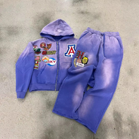 Ensemble pantalon de survêtement et sweat à capuche personnalisé, poids lourd, lavage à l'acide, manches d'impression avec broderie en strass