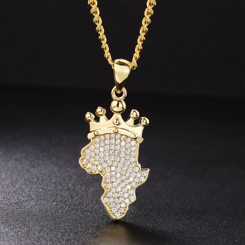 Collana con ciondolo mappa dell'africa per donna uomo cristallo Color oro catena a maglia cubana in acciaio inossidabile con corona ghiacciata gioielli Hip Hop