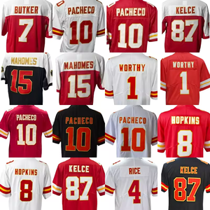 Camiseta de Fútbol Americano Cosida de los Kansas City Chiefs para Hombre, con los Números 15 de Patrick Mahomes, 87 de Travis Kelce, 10 de Pacheco, 32 de Bolton, 4 de Rice, 1 de Worthy y 8 de Hopkins - Product Image 1
