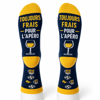 Chaussettes personnalisées pour hommes, motif bière et texte français, bleu marine et jaune, chaussettes hautes amusantes, cadeau pour les amateurs de football, chaussettes pour soirées apéritif