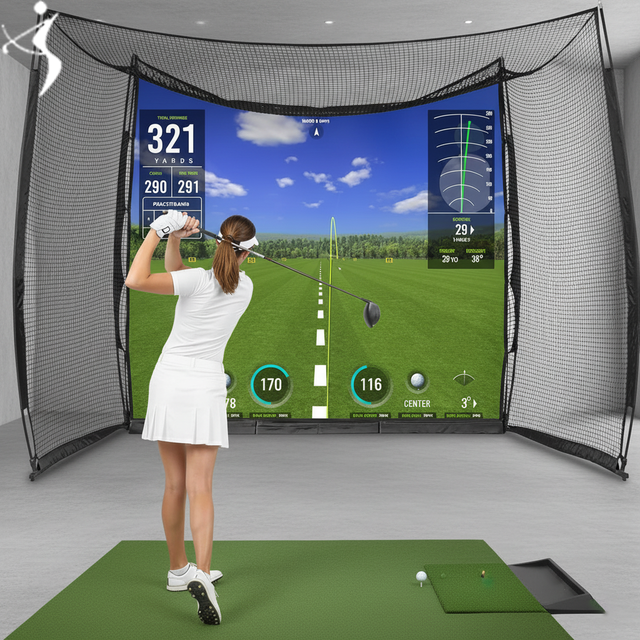Golf Range Cage 10x8ft Polyester Metal Frame Golf Simulator Hitting Practice Net HD Impact Screen Custom Logo Available