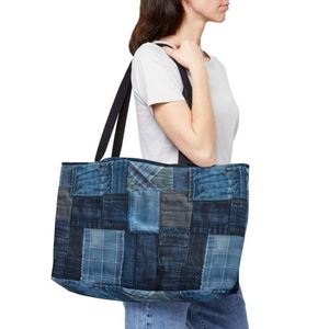 Custom Large Denim Tote <b>Bag</b> Women's Weekender <b>Patchwork</b> Embroidery Autumn Summer Open Closure Shopping Shoulder Stylish Travel - Product Image 2
