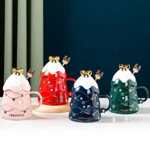 Novelty Christmas Gift Ceramic Mug Creative Christmas Tree Mug with Lid Spoon Household Coffee Cup Gift