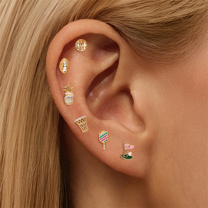 Piercings de Plata de Ley S925 con Parte Trasera Plana, Serie Deportiva: Tenis de Mesa, Club de Golf, Bandera de Golf, Aro de Baloncesto, Rugby - Product Image 6