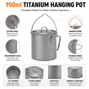 Pot suspendu en titane pur 900 ml (conception large et haute, couvercle inclus) – Ustensile de cuisson portable et léger pour camping et randonnée en extérieur – OEM - Product Image 3