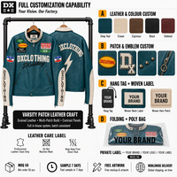 Jaket Bomber Kulit Teal Cream Kustom 400gsm Multi-Patch Varsity Build Panel Kulit Kontras Jaket Biker Streetwear OEM ODM