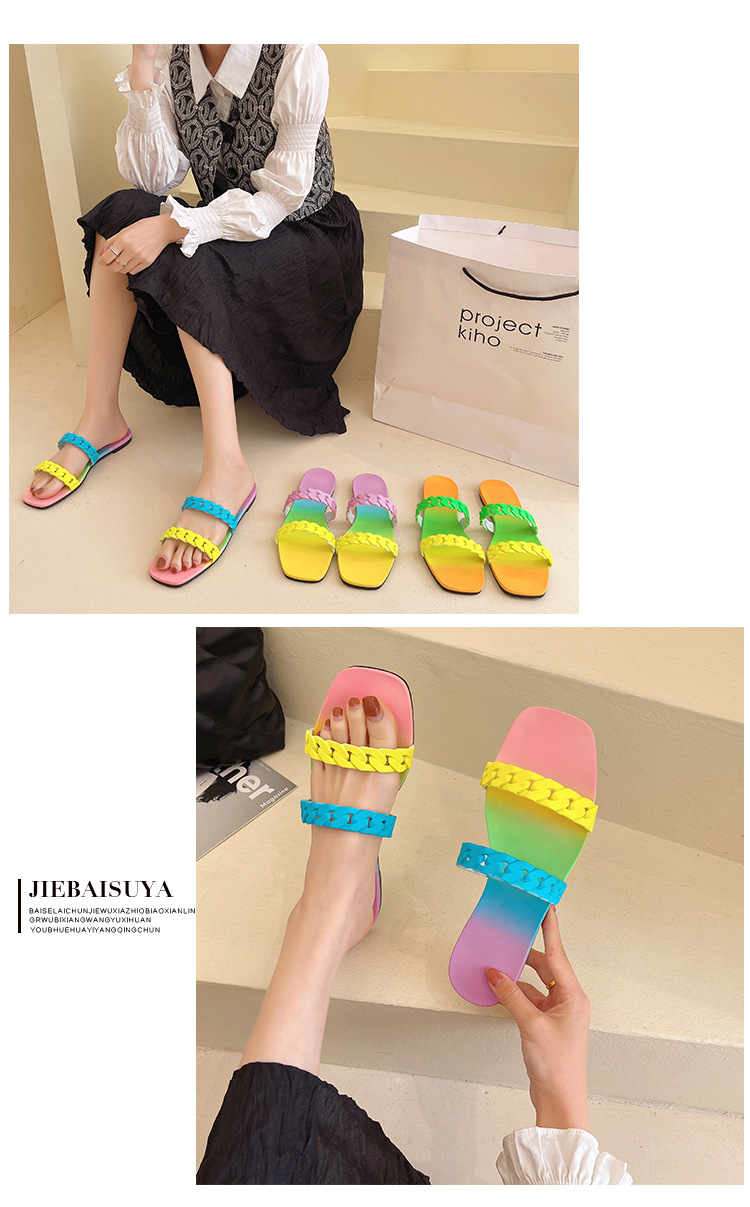New Rainbow Bottom Chain Beach Slippers Candy Colorful Slipper Sandals Ladies