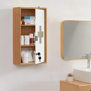 Armoire de rangement médicale élégante à 4 niveaux en bambou, à fixation murale, avec serrure, pour un stockage sûr des médicaments, pour la salle de bain ou la maison - Product Image 6