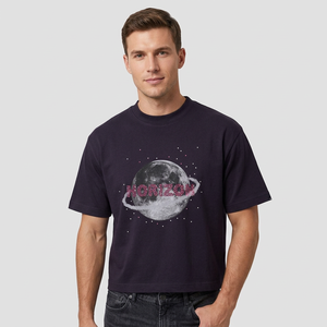 T-shirt à manches courtes pour homme, bleu marine foncé, avec imprimé lune et horizon, coupe classique, col rond, jersey décontracté en coton - Product Image 1