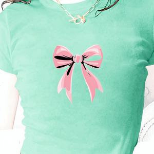 Camiseta corta de punto con estampado de lazo rosa, estilo Y2K, para mujer - Product Image 1