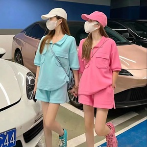 2025 été <span class=keywords><strong>Collection</strong></span> femmes nouveau à la mode couleur unie deux pièces ensemble col polo à manches courtes T-Shirt viande Shorts 171 - Product Image 1