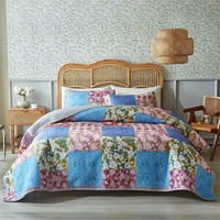 Ensemble de couvre-lit de style américain 3 pièces en microfibre brossée avec taie d'oreiller, drap imprimé fleuri, couvre-lit patchwork