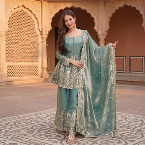 Luxury Sea Green Silk Organza Sharara Suit Heavy Gota Patti Embroidered Short Frock Peplum Winter Summer Quick Dry Stretchable - Product Image 1