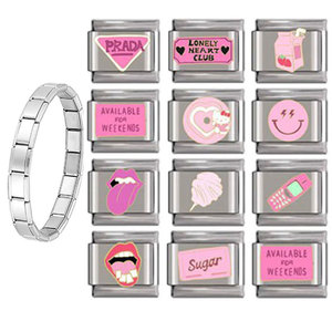 Stainless Steel Modular Bracelet With Pink Theme Charms Unisex DIY Jewelry Fashion Accessory - Product Image 1
