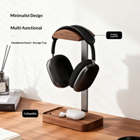 Support pour casque en bois massif, support pour écouteurs, support pour jeux sur ordinateur avec base de rangement