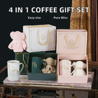 Ensemble de 4 tasses à café en porcelaine avec couvercle, cuillère et boîte cadeau - Passe au micro-ondes et au lave-vaisselle, design moderne, logo personnalisable pour cadeaux
