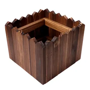 Retro Wooden Planting Flower Barrels Rustic Succulent Wavy Planter Box Plant Container Square Balconies Wooden Flower Pots