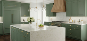 LOSAS DE Cuarzo Jade Oro Vietnamita de 20mm de Espesor para Muebles Modernos de Baño, Cocina y Hospital con Diseño de Modelo 3D - Product Image 2