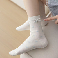 Chaussettes mi-mollet printemps-été en blanc laiteux et bleu avec rayures brodées de lettres