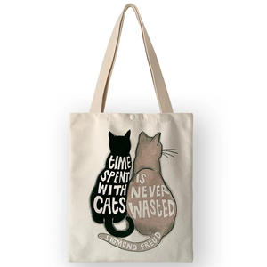 Tas Belanja Pola Kucing Kartun Lucu Mode Desain Kustom Tas Kanvas Katun Tote - Product Image 1