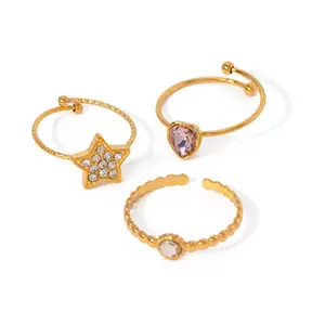 3-teiliges Ringset 18k Gold plattiert Edelstahl-Schmuck einstellbar Kristall Kubik Zirkone Sternring-Set Damengeschenk