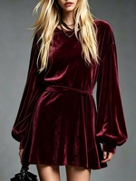 Robe chemise en velours romantique française pour femmes, col rond, manches longues lanternes, couleur unie, élégante et fluide, longueur mi-longue