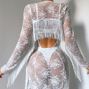 Set Elegante da Donna Royalcore con Cardigan con Frange e Paillettes, Abito Aderente Trasparente in Pizzo e Slip, Bianco Puro S M L - Product Image 4