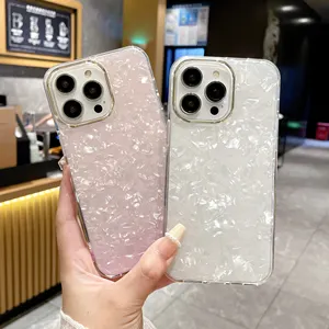 Glossy Mobile Phone Bags for iPhone 15 Pro max Shell pattern case with gold ring lens glitter bling phone case