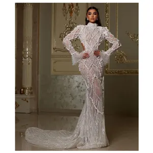 Luxury Evening Dresses Long Sleeve High Neck Sparkly Sequins Beaded Appliques 3D Lace Pearls Backless Prom Dresses Custom Made